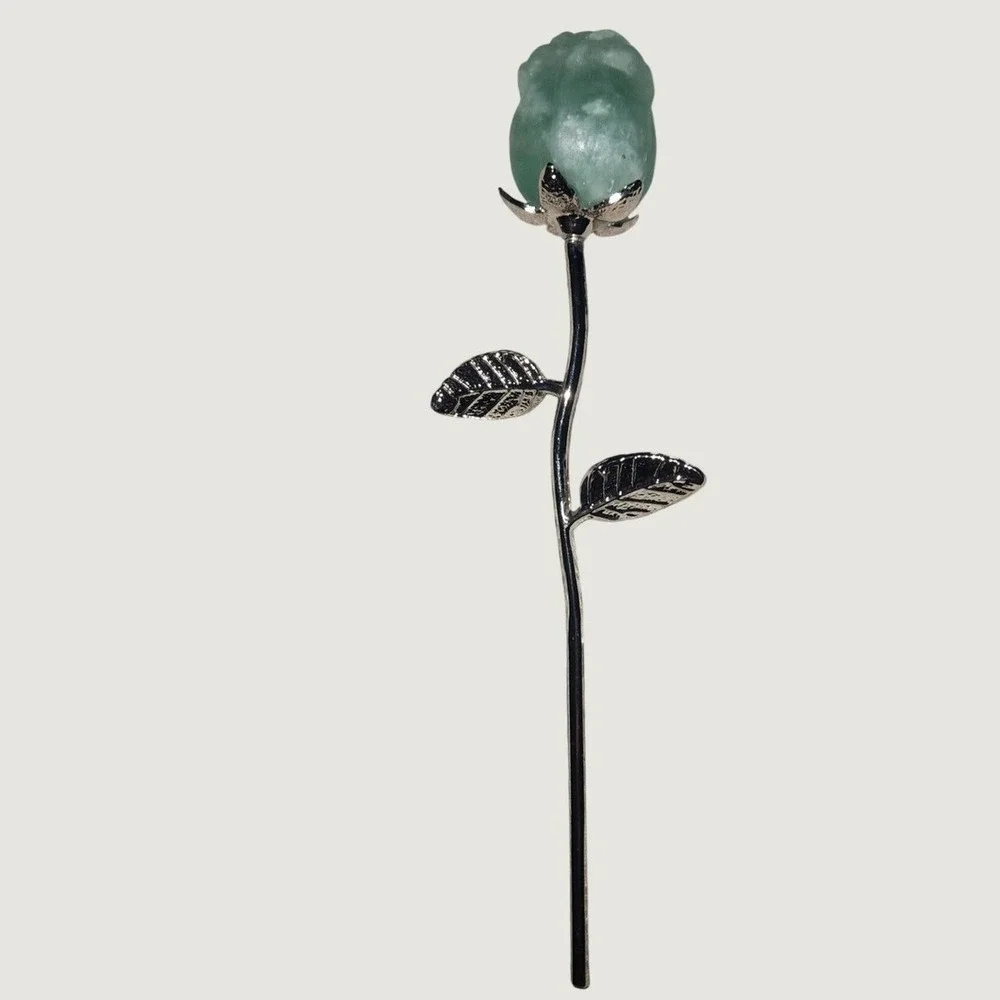 Green Fluorite Rose Hair Stick Silver Tone Metal Flower Bun Pin Accessory 6.25